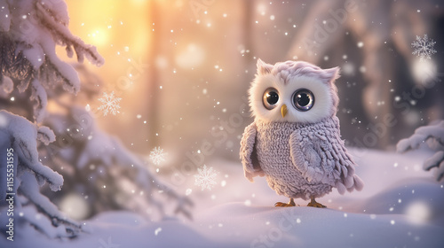 Adorable owl in snowy forest with glowing golden light