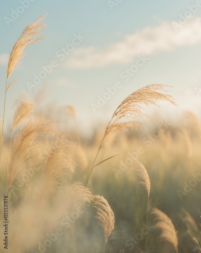 Golden grasses sway gently in the warm sunlight of a late afternoon field photo