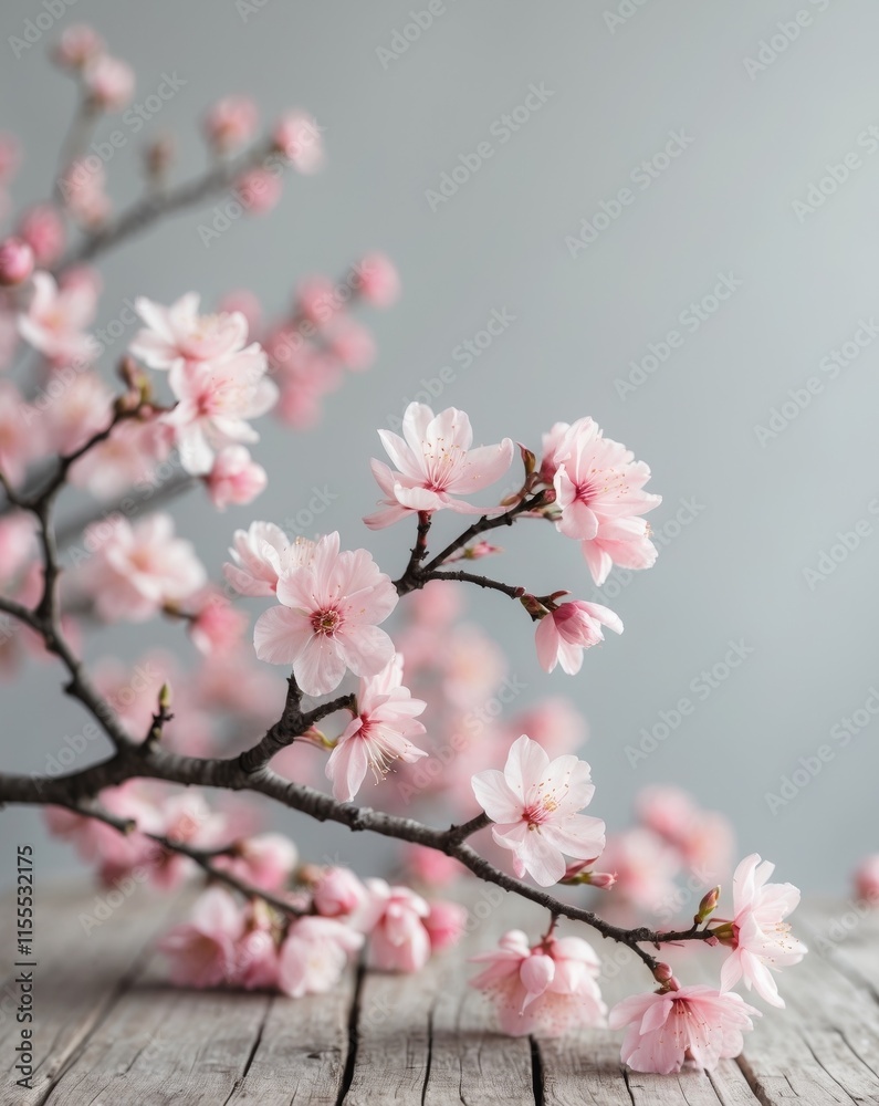 Pink Blossoms Frame Wooden Table Spring Scene Pink Blossoms Frame Wooden Table Spring Scene
