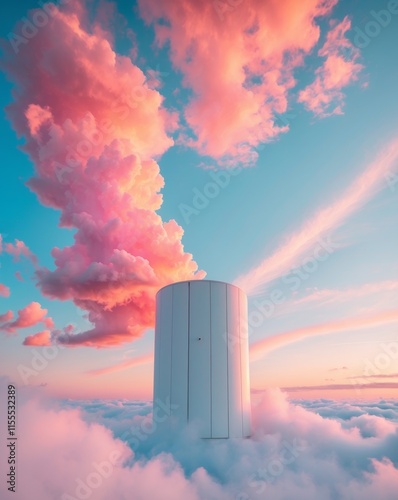 Colorful clouds surround a white cylindrical structure in a pastel sky during sunset