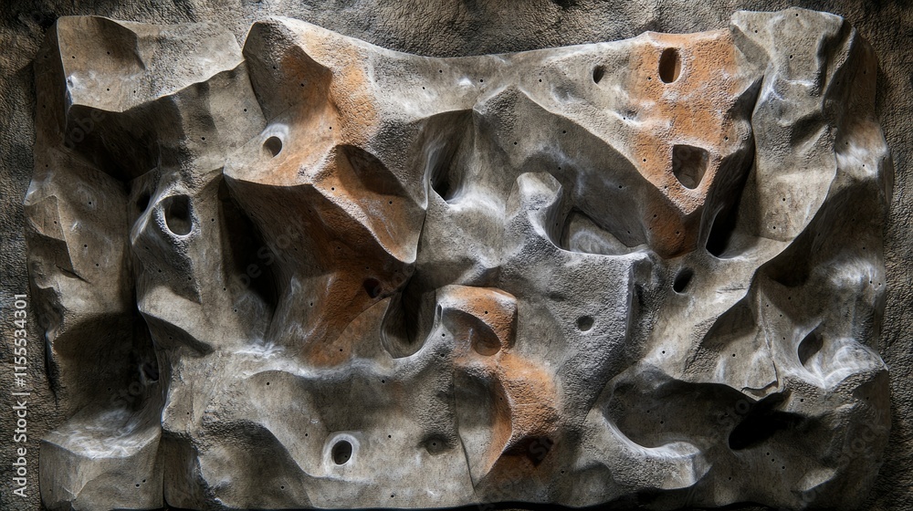 A bouldering wall section with thick padding below and intricate route designs. A bouldering wall section with thick padding below and intricate route designs.