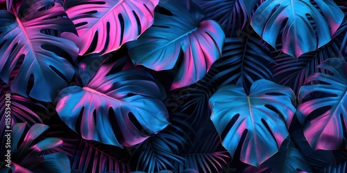 wallpaper aerial angle top view tropical neon pink blue lighting minimal monstera palm leaves dark shadow colorful abstract