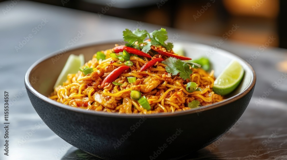 A bowl of yellow dry noodles served with vibrant garnishes like chili slices, green onions, and lime wedges. A bowl of yellow dry noodles served with vibrant garnishes like chili slices, green onions, and lime wedges.