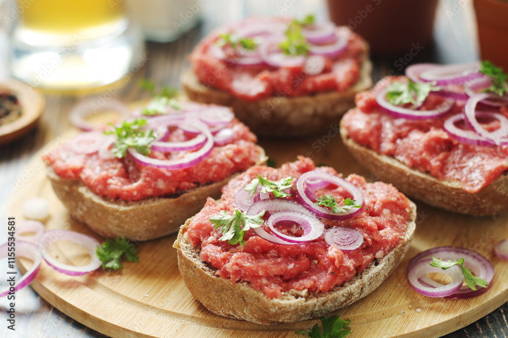 Traditional German sandwiches with minced meat Mettbroetchen Traditional German sandwiches with minced meat Mettbroetchen