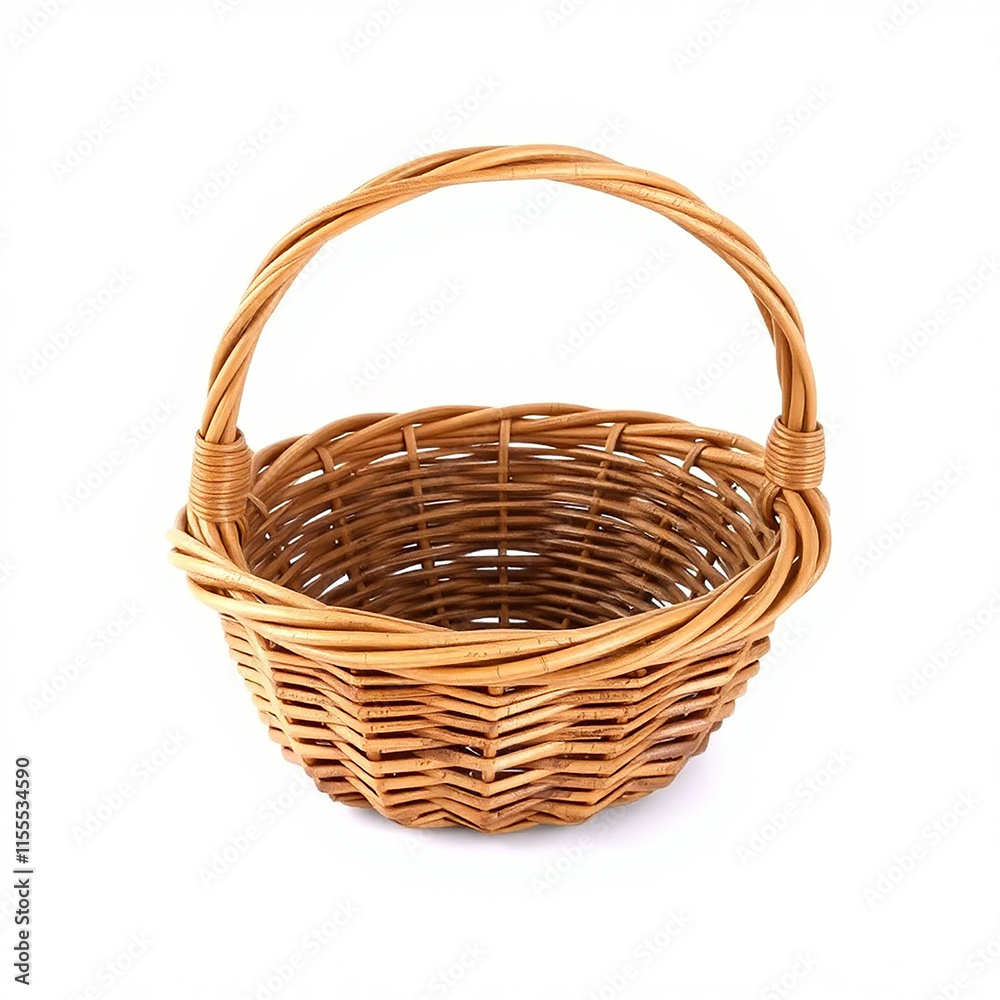 Empty wicker basket with handle. Concept of rustic, picnic, gift. Empty wicker basket with handle. Concept of rustic, picnic, gift.