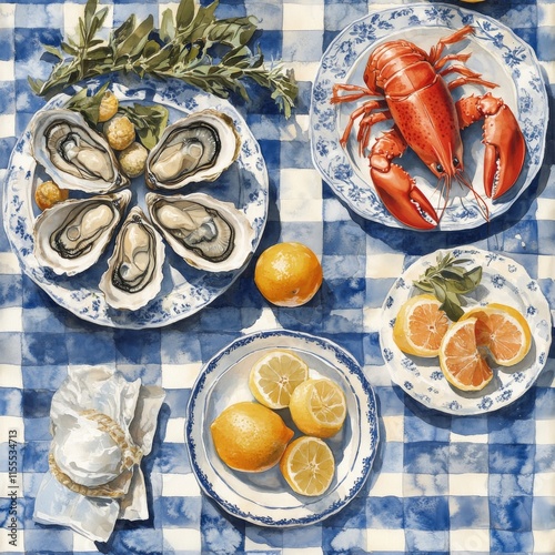 A stunning seamless pattern featuring watercolor seafood and fruits, hand-drawn. Lobster and crab on plates with lemons, set against white and blue tablecloths. Mediterranean-inspired design with an photo