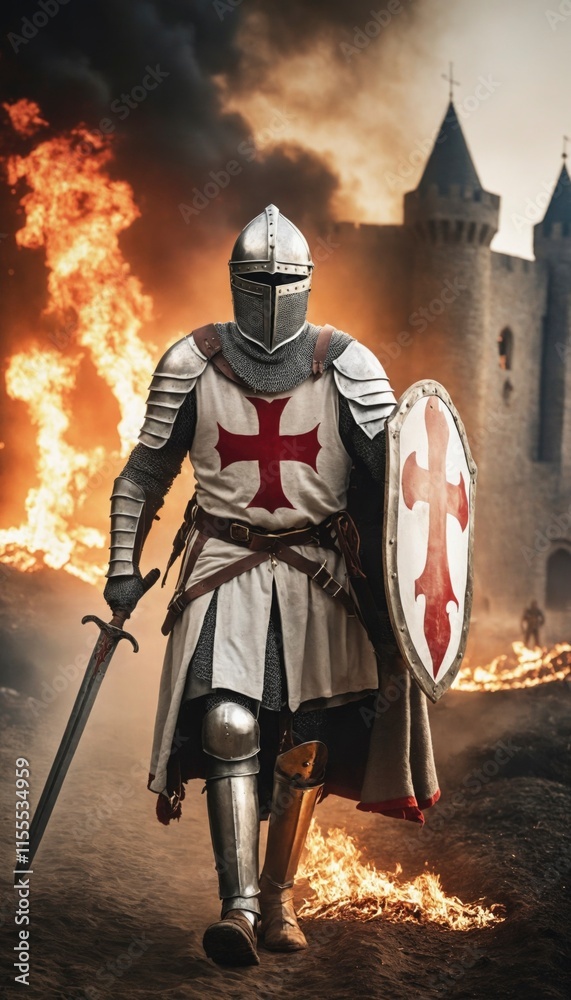 Fototapeta premium Old Knights Templar in full armor, with sword and shield, walking through a battlefield as fire burns around him