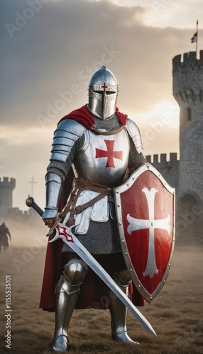 Old medieval Knights Templar warrior standing in a heroic pose. He is wearing white robes with a bold red Templar cross on his chest, over a full suit of chainmail armor