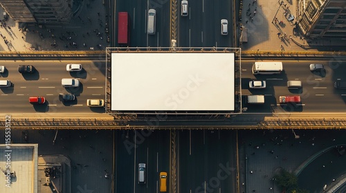 An aerial view shows a large blank billboard spanning two divided highways. Cars move along the roads, and city buildings are on either side of the roads. photo