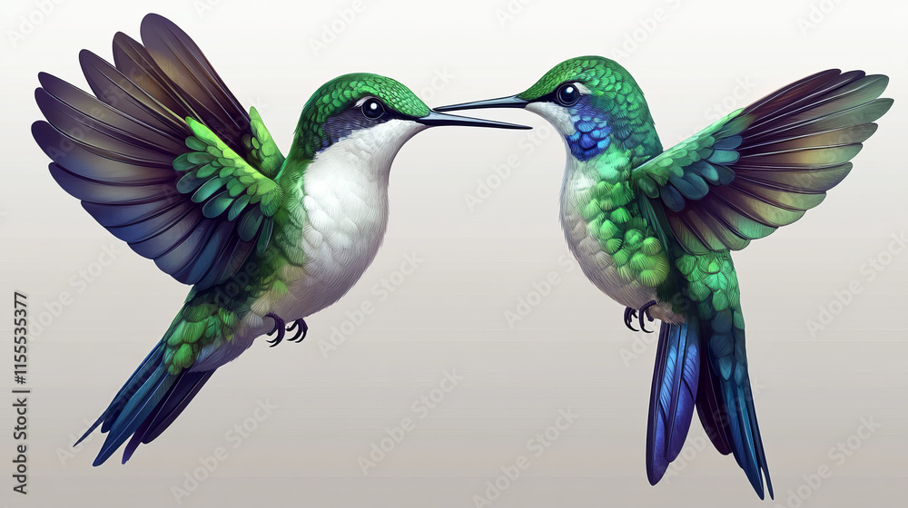 Obraz premium two hummingbirds in vibrant art: a detailed illustration of nature's beauty