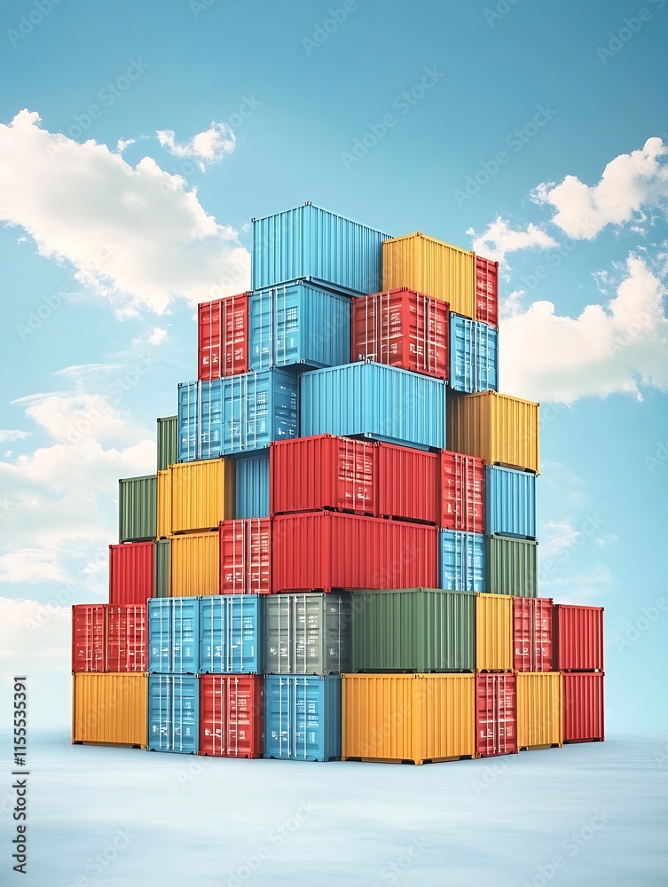 Fototapeta premium Tower of Colorful Shipping Containers Under Clear Blue Sky at Industrial Port Facility : Generative AI