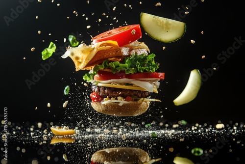 Vivid Deconstructed Burger with Dramatic Lighting photo