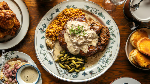 A Southern-inspired family meal with country-fried steak topped with creamy gravy, a side of black-eyed peas, sautéed okra, and warm cornbread muffins served in a cozy dining room setting 