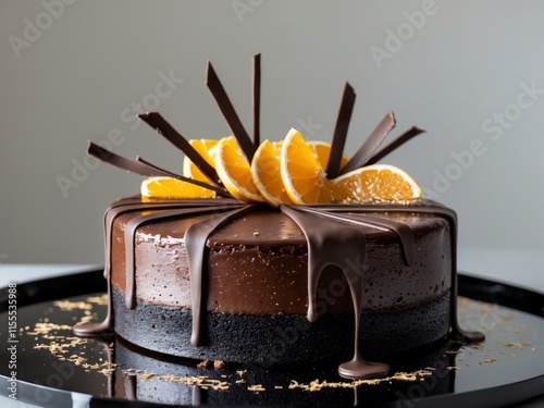 Exquisite Chocolate Glazed Cake Decorated with Fresh Orange Slices and Chocolate Ribbons on a Stylish Black Surface photo