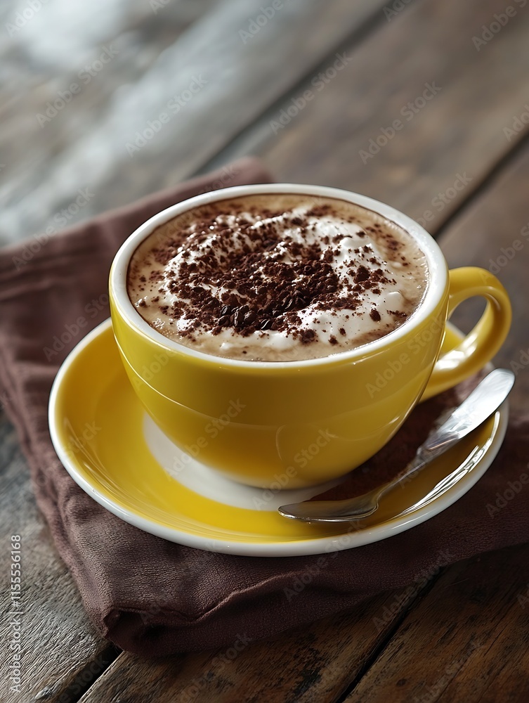 Luxurious Mocha Cappuccino in Vibrant Yellow Cup on Rustic Wooden Surface : Generative AI Luxurious Mocha Cappuccino in Vibrant Yellow Cup on Rustic Wooden Surface : Generative AI