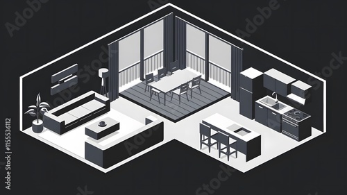 This is a pixel art illustration showcasing a living room and kitchen area