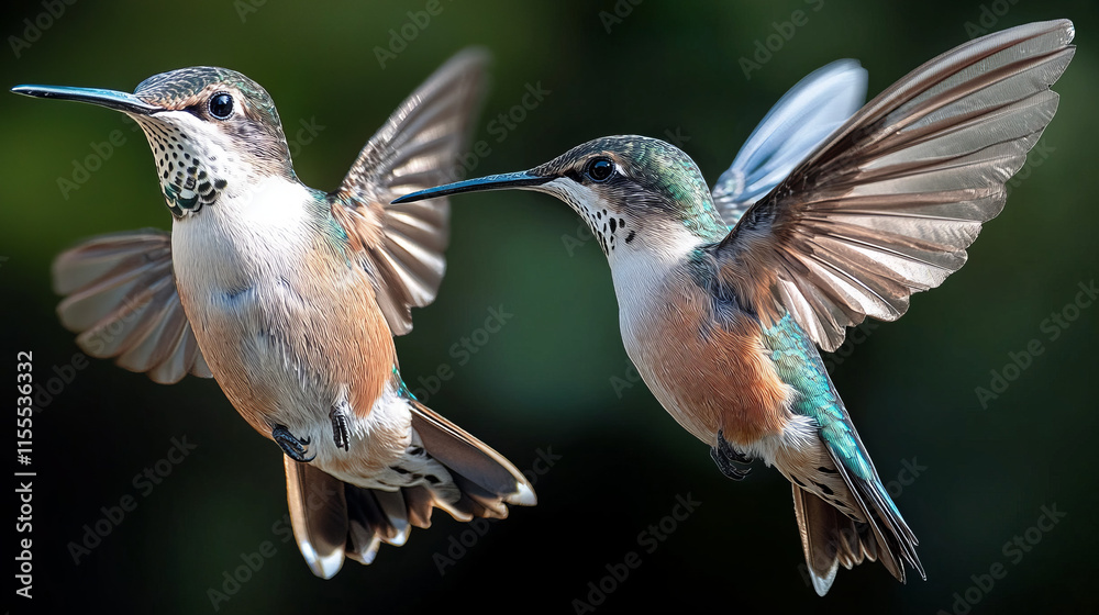 Fototapeta premium Two Hummingbirds in Mid-Flight: A Captivating Display of Nature's Beauty