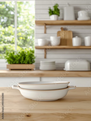 Modern Kitchen: White Teapot and Wooden Table