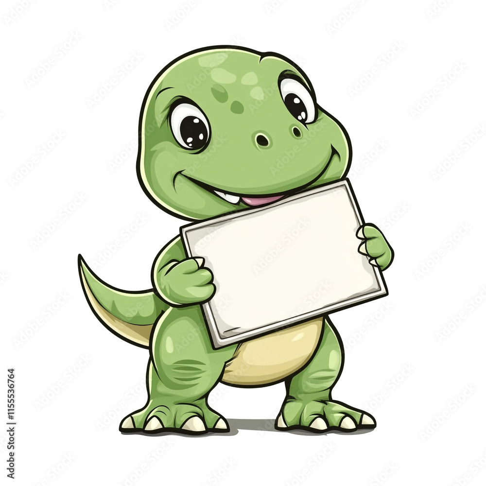 Obraz premium Adorable Green Dinosaur Holding a Blank Sign: Perfect for Your Message!