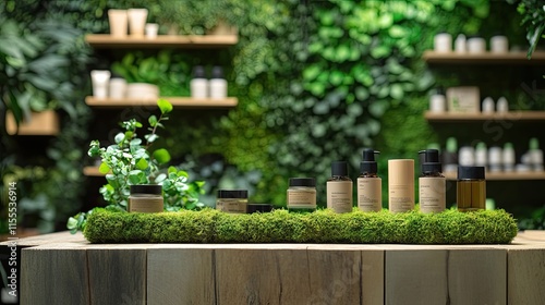 wooden podium made of moss above the table for organic cosmetic products.