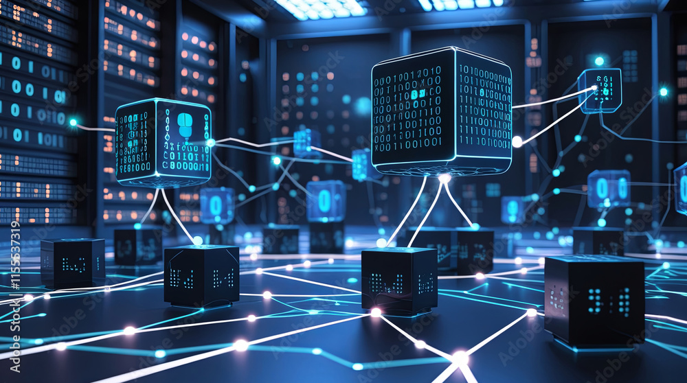 Futuristic Blockchain Network in a High-Tech Data Center with Glowing Connections