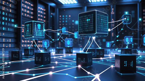 Obraz na płótnie Futuristic Blockchain Network in a High-Tech Data Center with Glowing Connections w salonie