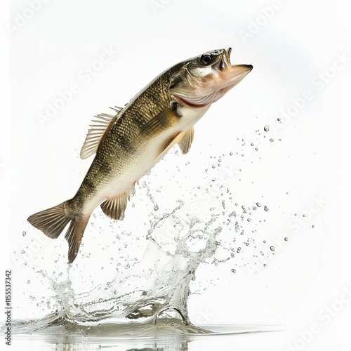 Largemouth bass jumping out of water with mouth open and creating splash photo