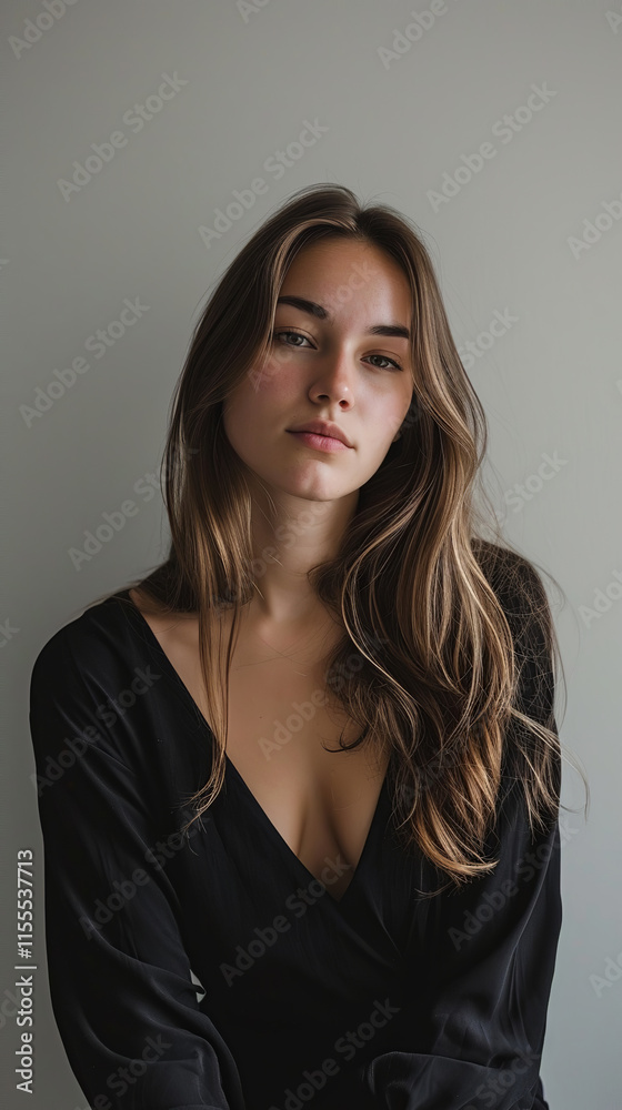 Minimalist Portrait of a Woman in Black with Soft Natural Lighting Minimalist Portrait of a Woman in Black with Soft Natural Lighting