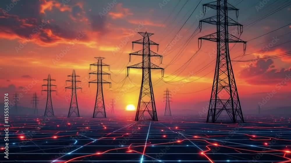 High voltage power lines over network of illuminated lines and data points in futuristic landscape, Animation Motion Graphic Video