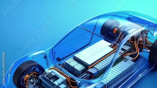 Modern electric car chassis x-ray vehicle battery on blue background, Animation Motion Graphic Video