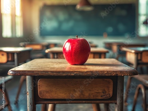 A Red Apple on a Wooden Desk in a Classroom photo