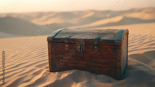 A weathered wooden treasure chest sits partially buried in the sand of a vast desert landscape at sunset, evoking mystery and adventure.