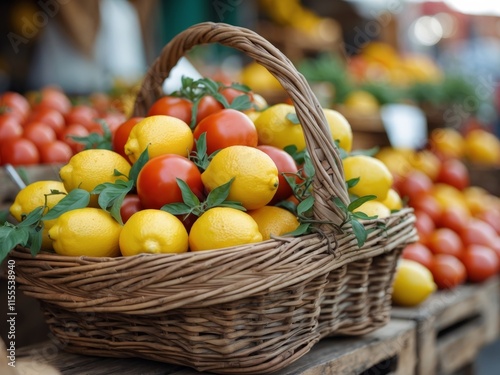 A basket of lemons and tomatoes are displayed in a market photo