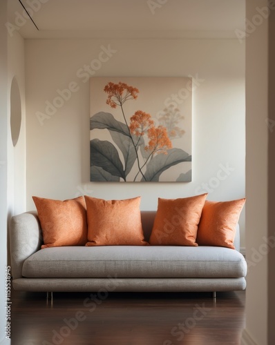 Cozy and Inviting Living Room With Warm Orange Cushions and Serene Botanical Artwork in Modern Decor photo