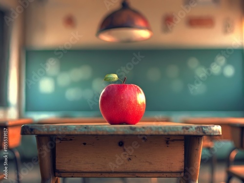 A Red Apple on a Wooden Desk in a Classroom