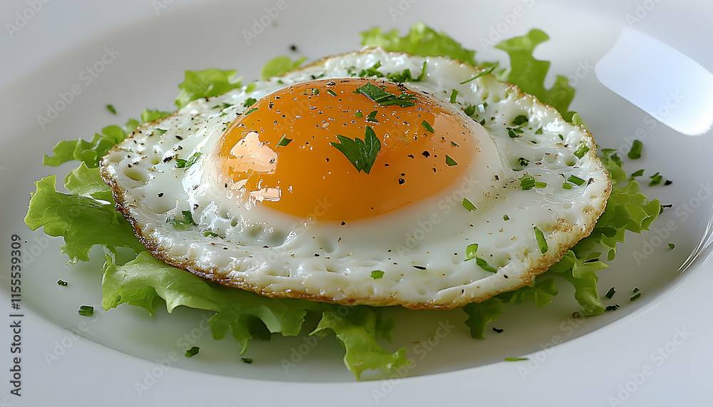 Delicious fried egg with a runny yolk, garnished with fresh parsley and chives, served on a bed of crisp lettuce. Perfect for breakfast or brunch menus. Delicious fried egg with a runny yolk, garnished with fresh parsley and chives, served on a bed of crisp lettuce. Perfect for breakfast or brunch menus.