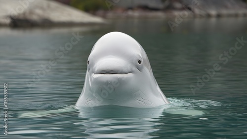 A white whale swims gracefully, curiously looking at the camera photo