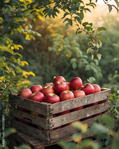 Harvesting fresh red apples in a rustic wooden crate nature setting vibrant greenery photo