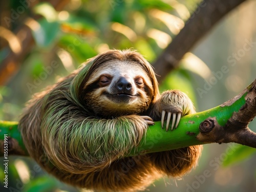 Adorable Sloth Napping Peacefully on a Lush Green Tree Branch