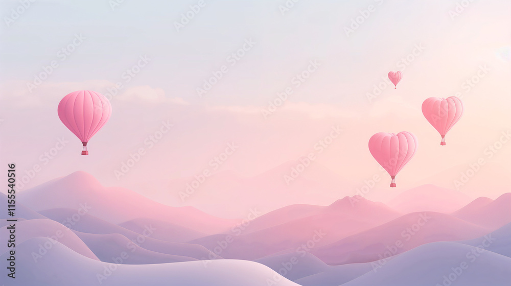 Fototapeta premium Pink Heart Shaped Hot Air Balloons Soar Over Gentle Hills