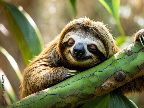 Adorable Sloth Napping Peacefully on a Lush Green Tree Branch