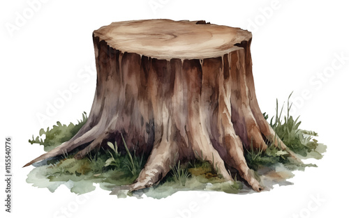 Watercolor Tree Stump with Roots and Grass Illustration, isolated on transparent background, png