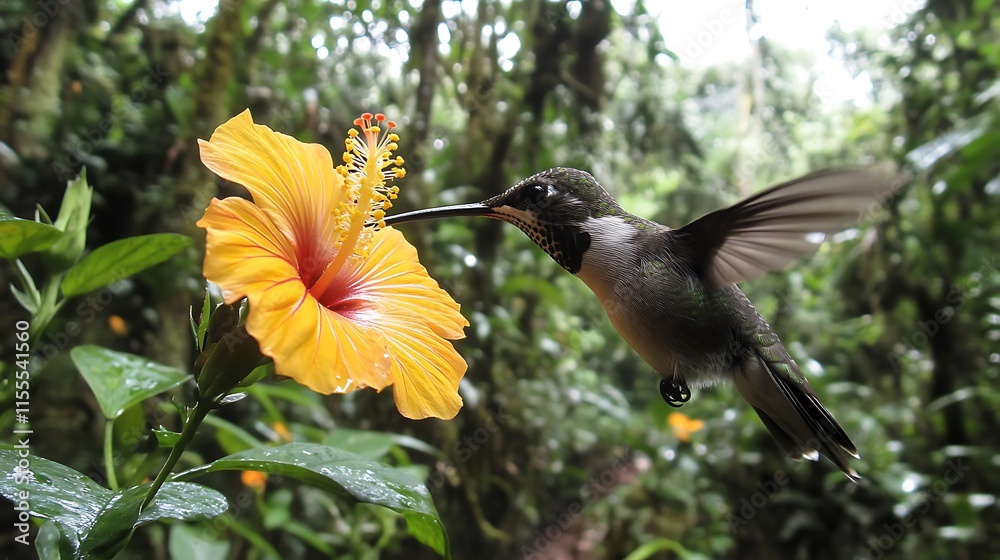 Naklejka premium Hummingbird feeding on a vibrant yellow hibiscus flower in a lush rainforest.