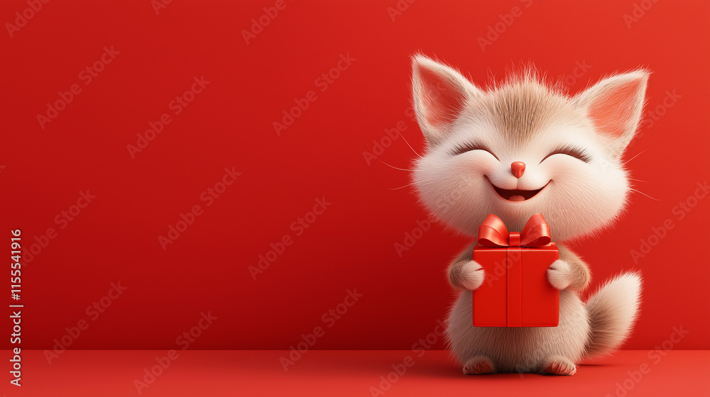 Happy smiling kitten holding a red gift box with a bow on a vibrant red background. Copy space. Happy smiling kitten holding a red gift box with a bow on a vibrant red background. Copy space.