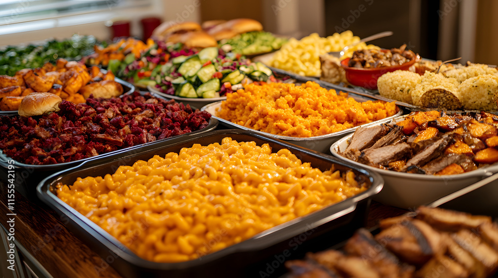 Obraz premium A colorful buffet table with an assortment of American-style foods including mac and cheese, pulled pork sliders, baked sweet potatoes, grilled vegetables, and a bowl of fresh garden salad 