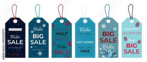 Big vector winter blue sale label set. Winter discount, big sale, special, hot offer, half price tag and shop now. Winter sale up to 50%, 40%, 25%, 70% off shopping tag. Sale banner template