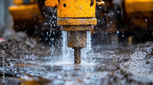 Close-up of a drilling machine drilling into the ground, water splashing.