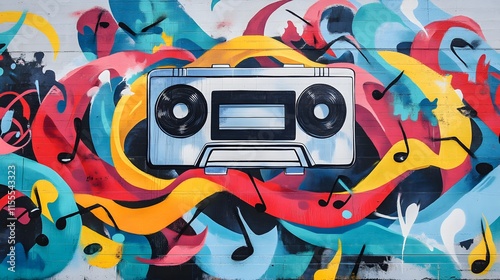 Colorful Urban Mural Featuring Retro Boombox with Vibrant Swirls and Musical Notes in a Dynamic Street Art Style