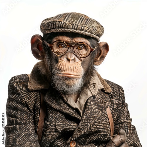 Portrait of an intelligent chimpanzee wearing a tweed suit and glasses, showcasing human like characteristics photo