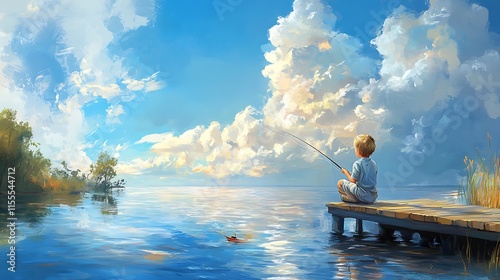 Boy fishing on a tranquil lake under a dramatic sky.